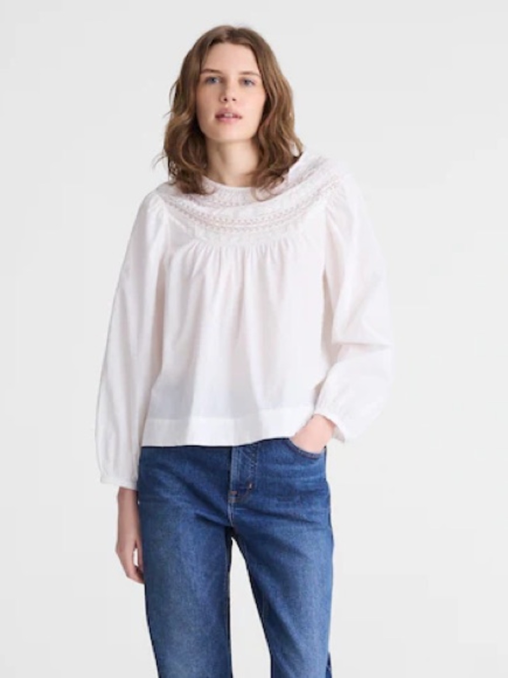 NWOT Madewell Laceinsert HighNeck White Top Sz S Ballon Sleeve Flattering Cotton